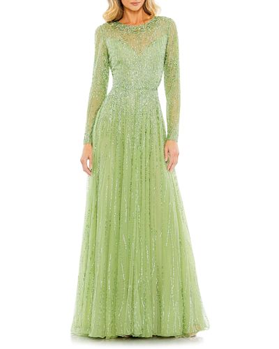 Mac Duggal Sequin Long Sleeve A-line Gown - Green