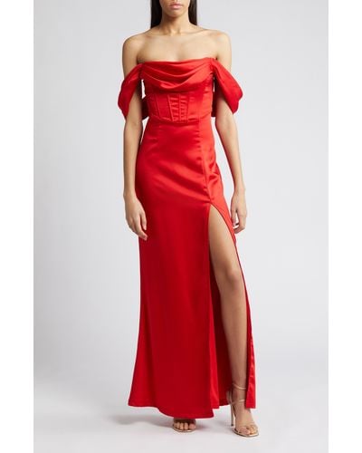 Lulus Exquisite Stunner Off The Shoulder Satin Gown - Red