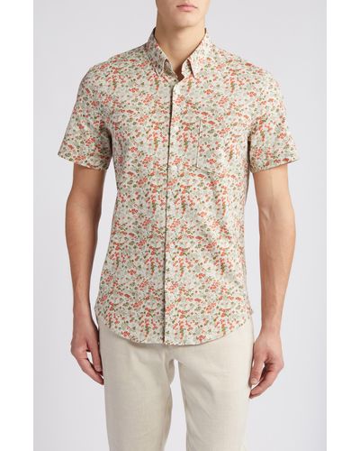 Nordstrom Trim Fit Floral Short Sleeve Stretch Cotton & Linen Button-down Shirt - Natural
