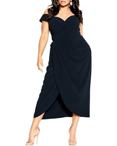 City Chic Ripple Love Off The Shoulder Maxi Dress - Blue