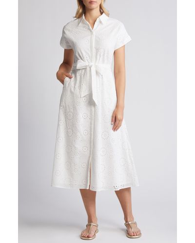 Caslon Caslon(r) Eyelet Embroidery Cotton Shirtdress - White