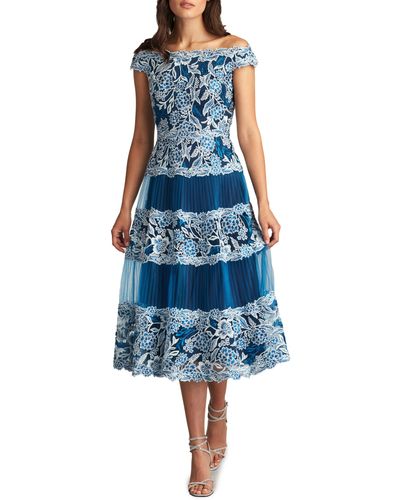 Tadashi Shoji Embroidered Floral Lace Pleated Off The Shoulder Dress - Blue