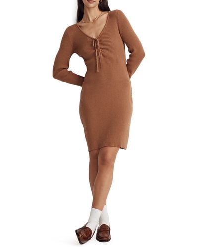 Madewell Tie Front Long Sleeve Ruched Body-con Minidress - Brown