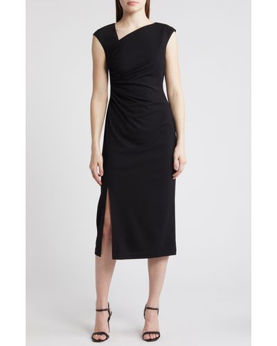 Anne Klein Asymmetric Neck Ruched Fitted Midi Dress - Black