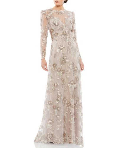 Mac Duggal Embroidered Tulle & Lace Long Sleeve Gown - Natural