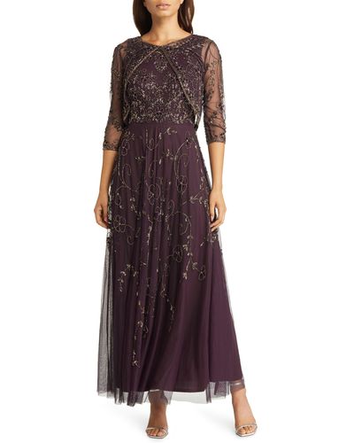 Pisarro Nights Beaded Mesh Gown With Jacket - Purple