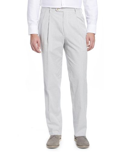 Berle Pleated Seersucker Cotton Dress Pants - Gray