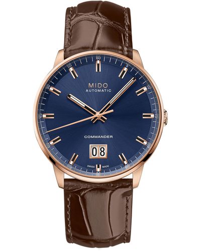 MIDO Commander Big Date Automatic Croc Embossed Leather Strap Watch - Blue