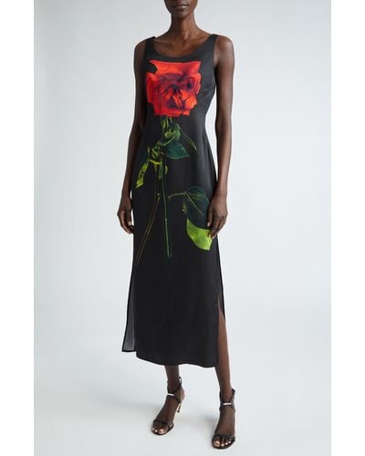 Alexander McQueen Rose Print Silk Cocktail Dress - Black