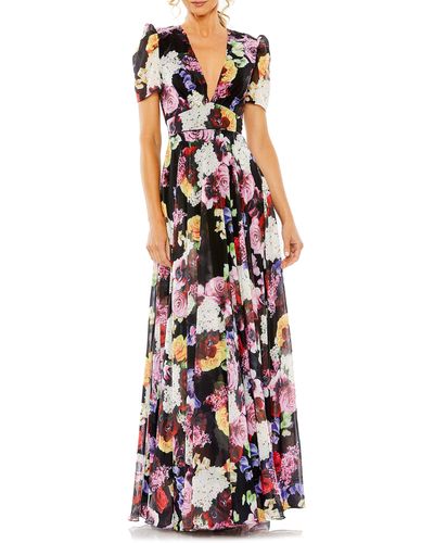 Ieena for Mac Duggal Floral Short Sleeve Pleated Gown - White