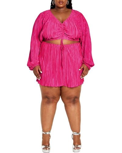 City Chic Hailee Plissé Cutout Long Sleeve Minidress - Pink