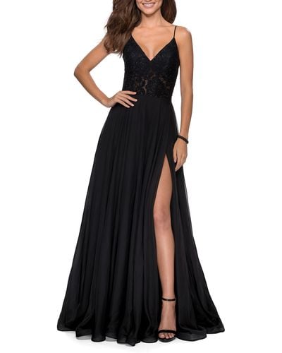 La Femme Sparkle Lace Chiffon Gown - Black