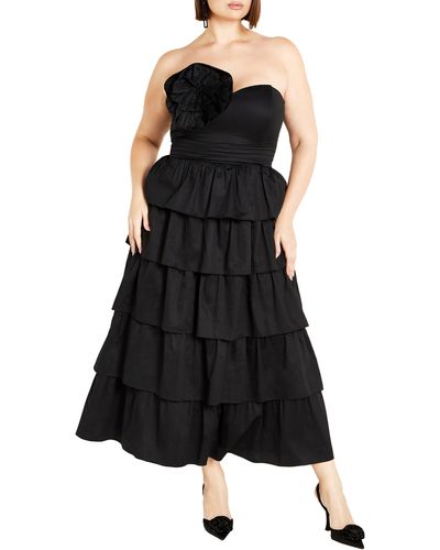 City Chic Rosa Rosette Tiered Ruffle Midi Dress - Black