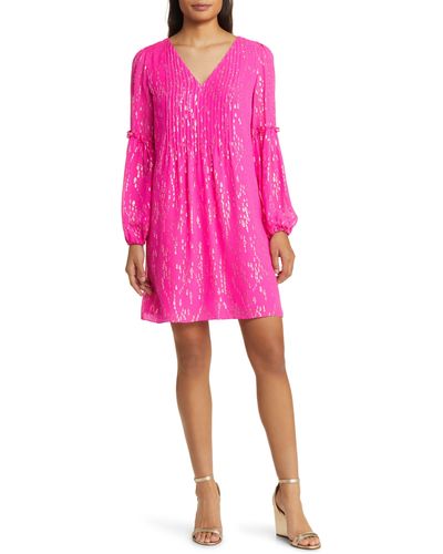 Lilly Pulitzer Lilly Pulitzer Cleme Metallic Fil Coupé Long Sleeve Silk Chiffon Shift Dress - Pink