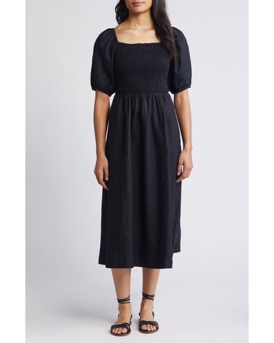 Boden Sky Smocked Short Sleeve Linen Midi Dress - Black