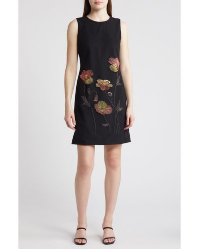 Anne Klein Floral Bead Embroidered Sleeveless Shift Dress - Black