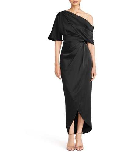 THEIA Rayna Drape One-shoulder Gown - Black