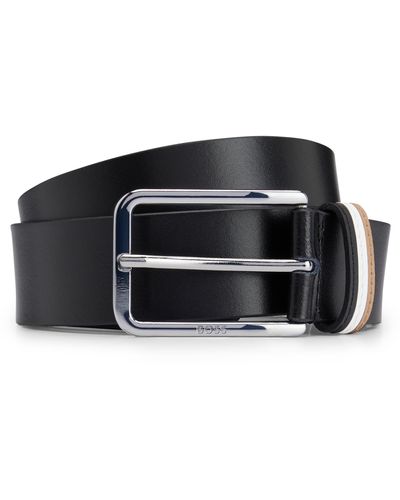 BOSS Calis Leather Belt With Stripe Keeper Loop - Black