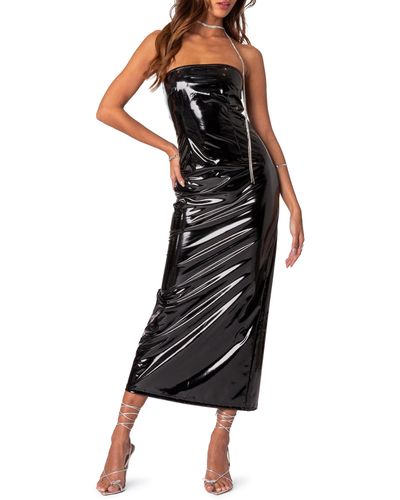 Edikted Vegas Patent Faux Leather Strapless Midi Dress - Black