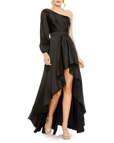 Ieena for Mac Duggal One-shoulder Long Sleeve Satin High/low Gown - Black