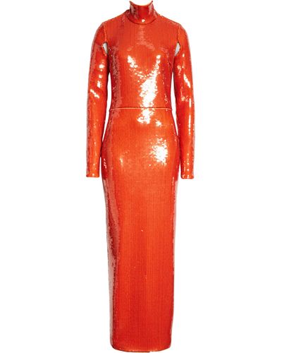 LAQUAN SMITH Sequin Mock Neck Long Sleeve Cutout Column Gown - Red