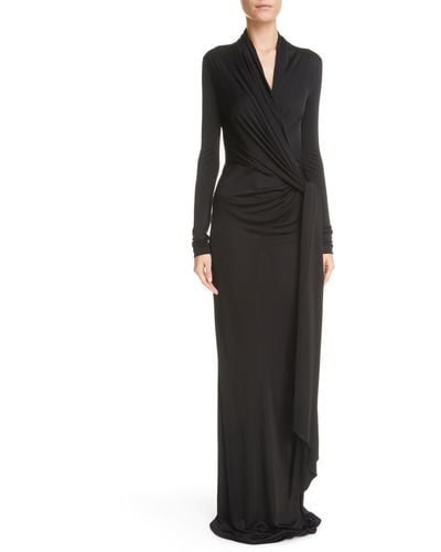 Saint Laurent Draped Long Sleeve Shiny Jersey Dress - Black