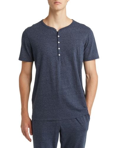 Daniel Buchler Heathered Recycled Cotton Blend Henley Pajama T-shirt - Blue