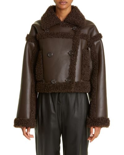 Stand Studio Kristy Double Breasted Faux Leather Crop Jacket With Faux Shearling Trim - Brown