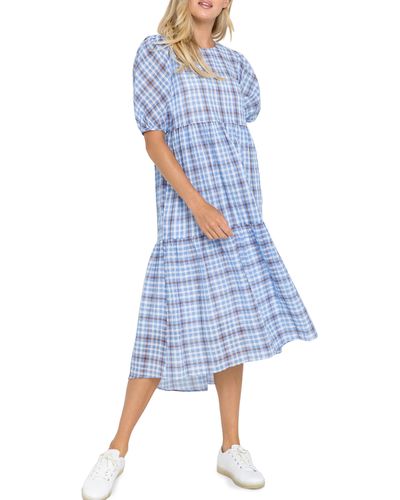 English Factory Check Tiered Midi Dress - Blue
