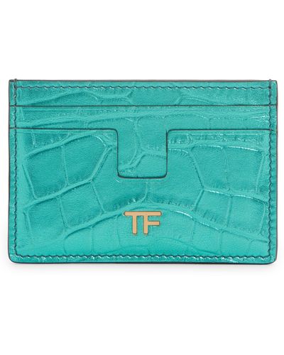 Tom Ford T-line Metallic Croc Embossed Leather Card Holder - Blue