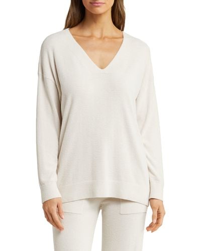 Barefoot Dreams High-low Hem V-neck Pajama Pullover Sweater - White