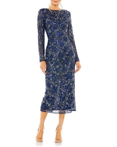 Mac Duggal Sequin Beaded Long Sleeve Cocktail Midi Dress - Blue