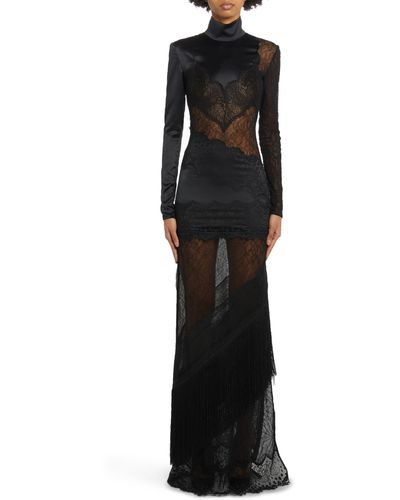 Tom Ford Long Sleeve Floral Lace & Stretch Satin Gown - Black