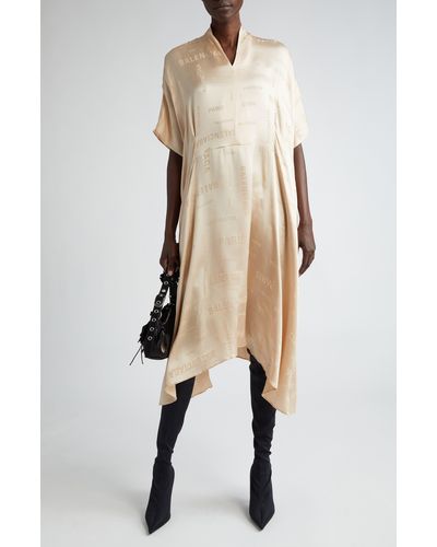 Balenciaga Flutter Sleeve Jacquard Logo Silk Oversize Dress - Natural