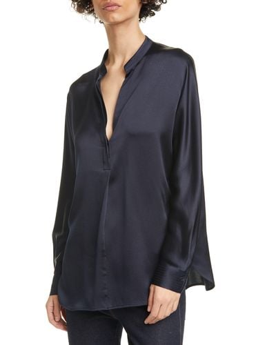 Vince Band Collar Silk Blouse In Navy At Nordstrom Rack - Blue