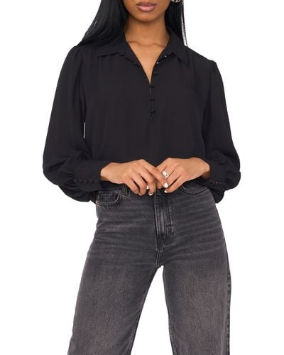 1.STATE Half Placket Georgette Button-up Shirt - Black
