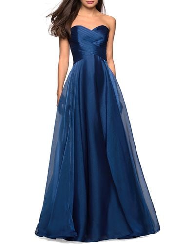 La Femme Strapless Metallic Organza Gown - Blue