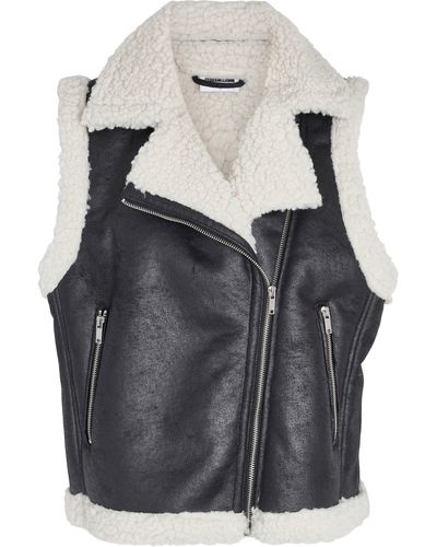 Noisy May Faux Leather & Faux Shearling Moto Vest - Gray