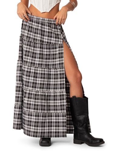 Edikted Plaid Tiered Slit Maxi Skirt - Black