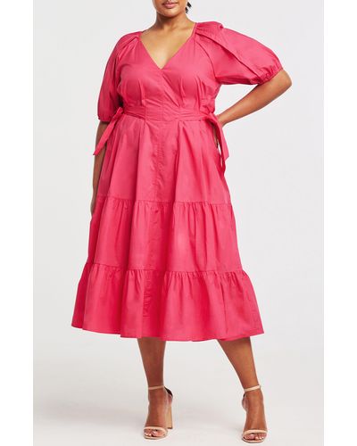 Estelle Marissa Puff Sleeve Cotton Midi Dress - Red