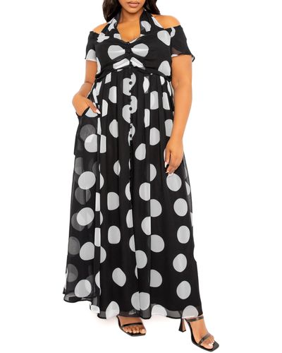 Buxom Couture Polka Dot Off The Shoulder Halter Maxi Dress - Black