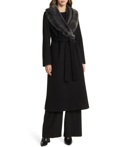 Fleurette Rory Genuine Shearling Collar Belted Wool Coat - Black