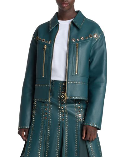 St. John Embellished Leather Jacket - Blue