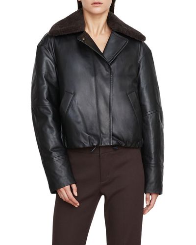 Vince Genuine Shearling Trim Leather Jacket - Black