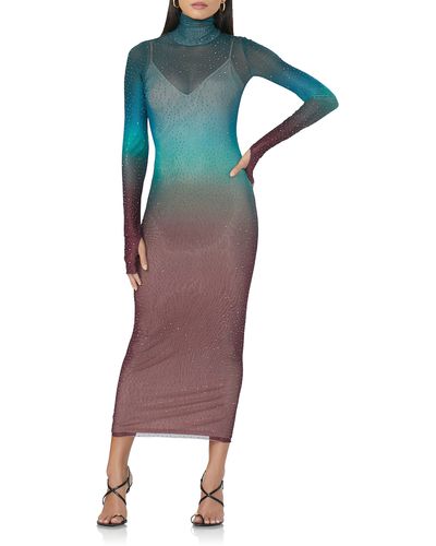 AFRM Shailene Rhinestone Long Sleeve Sheer Dress - Blue
