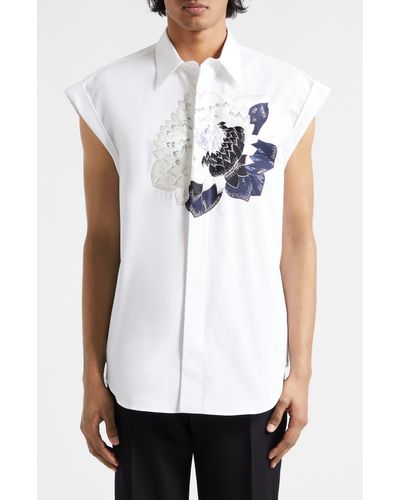Alexander McQueen Dutch Flower Embroidered Sleeveless Cotton Poplin Button-up Shirt - White