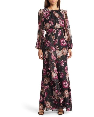 Eliza J Floral Metallic Long Sleeve Maxi Dress - Purple