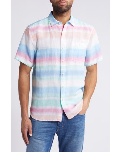 Tommy Bahama Sand Hazy Tides Stripe Short Sleeve Linen Blend Button-up Shirt - Blue