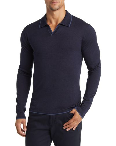Robert Barakett Hollow Wood Open Collar Wool Polo Sweater - Blue