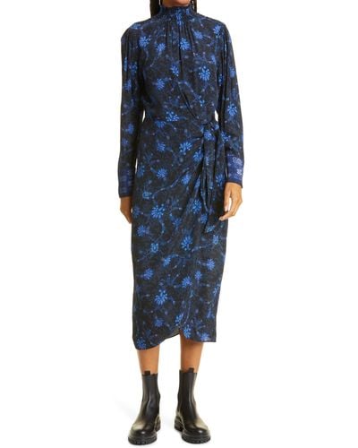 Kobi Halperin Hunter Mock Neck Long Sleeve Silk Blend Dress - Blue